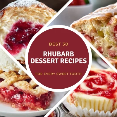 A variety of rhubarb desserts displayed on a rustic table.