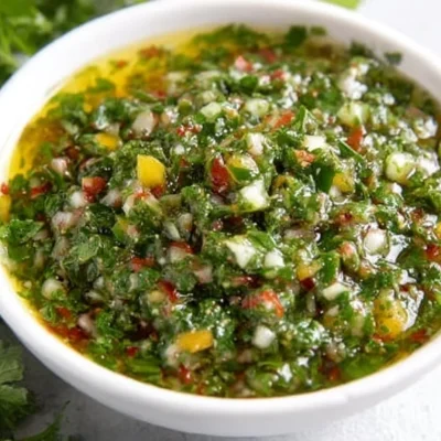 Fresh chimichurri sauce in a small bowl, ready to enhance dishes.