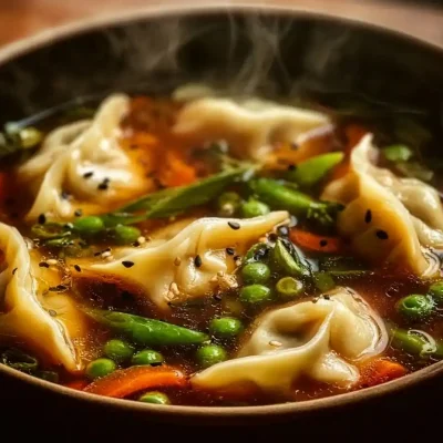 Bowl of easy Asian dumpling potsticker soup with fresh vegetables