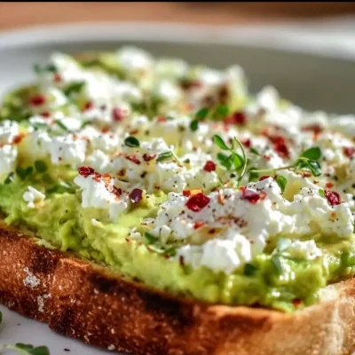 Avocado Cottage Cheese Toast topped with fresh herbs