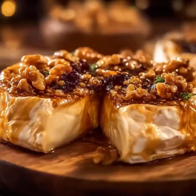 Baked Brie with honey and figs served on a wooden cheese board