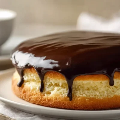 Delicious slice of Boston Cream Pie with rich chocolate glaze and creamy filling
