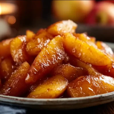 Caramelized cinnamon apples dessert with a golden glaze