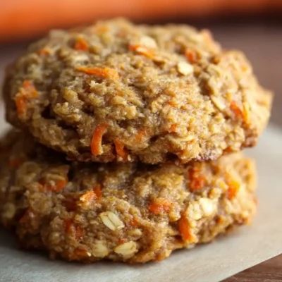 Carrot cake oatmeal cookies stacked, showing oats, carrots, and golden texture.