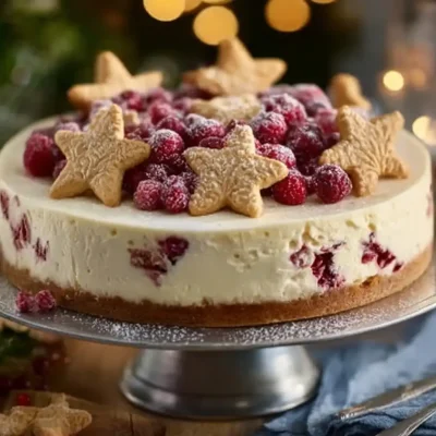 Delicious Christmas Cheesecake decorated with festive toppings and served on a holiday table