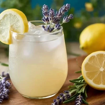 Coconut Lavender Lemonade mocktail served with lavender sprigs and lemon slices.