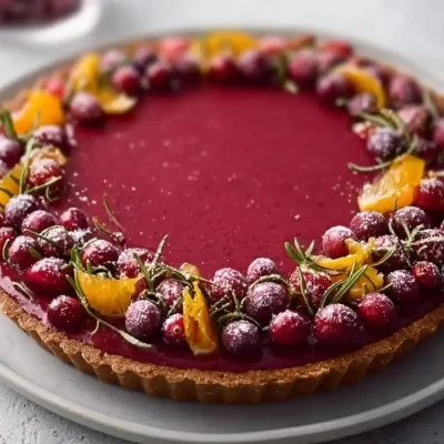 Vegan Cranberry Curd Tart served on a rustic wooden table