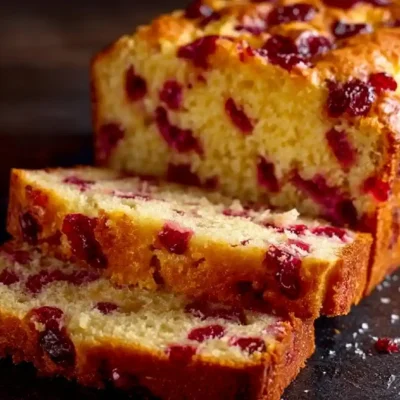 Freshly baked cranberry orange bread loaf on a wooden cutting board