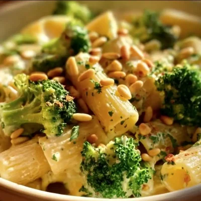 Plate of creamy pasta with broccoli and creamy sauce