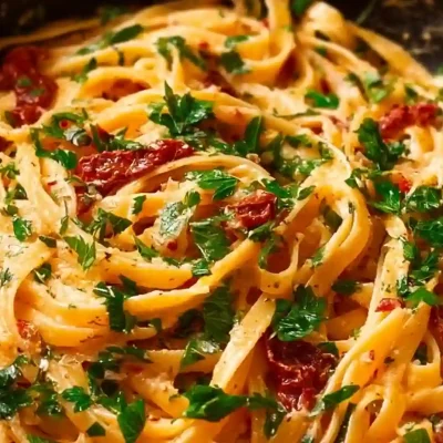 Creamy vegan sun-dried tomato pasta dish served in a bowl