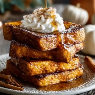 Delicious Pumpkin Pie French Toast topped with cream and spices