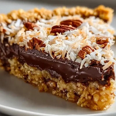Delicious slice of no-bake German chocolate pie with chocolate topping