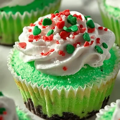 Mini Grinch Cheesecakes topped with festive red and green decorations