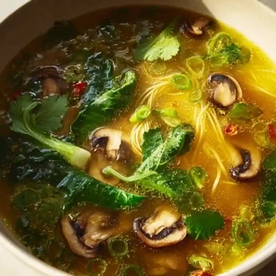 Bowl of Healing Asian Soup with fresh ingredients and herbs for gut health