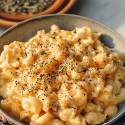 Bowl of high protein mac and cheese topped with herbs and cheese