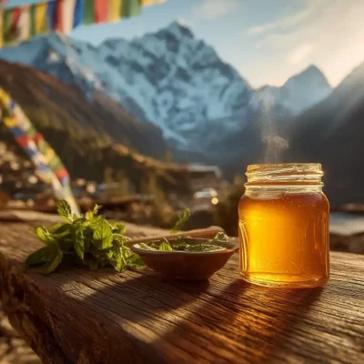 Himalayan honey drizzled over a dish, showcasing its rich color and texture.