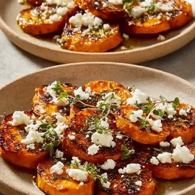 Honey feta sweet potato rounds garnished with herbs, perfect for fall appetizers.