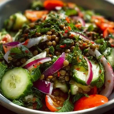 Colorful and nutritious lentil salad with fresh vegetables and dressing