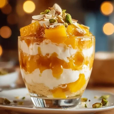 Mango Caramel Ricotta Parfait with layers of mango, ricotta, and caramel sauce