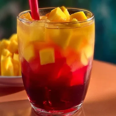 Refreshing Mango Hibiscus Iced Tea served in a glass with ice and garnished