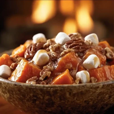 Delicious marshmallow pecan yams topped with toasted pecans and melted marshmallows.