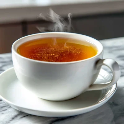 Steaming amber oolong tea in a white ceramic cup and saucer