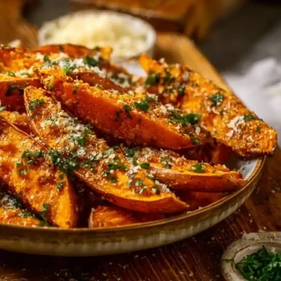 Crispy Parmesan Garlic Sweet Potato Wedges on a plate