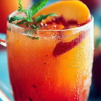 A cup of Peach Hibiscus Sunset Tea with vibrant colors and fresh peaches.