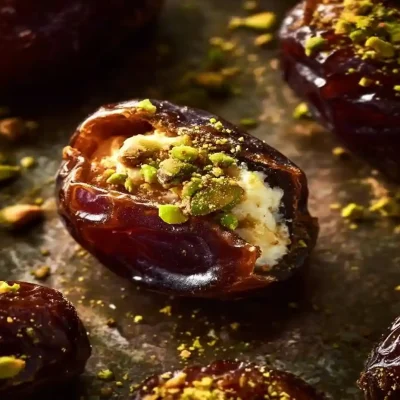 Honey pistachio ricotta stuffed dates on a platter