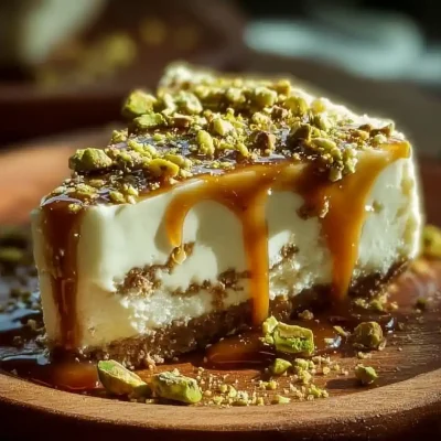 Heavenly Pistachio White Chocolate Cheesecake topped with nuts and white chocolate shavings.