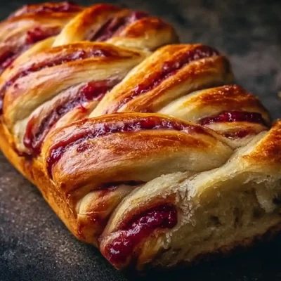 Freshly baked Raspberry Swirl Brioche Loaf with a soft texture and vibrant color