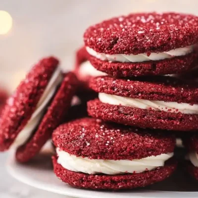 Delicious Red Velvet Sandwich Cookies with cream cheese filling.