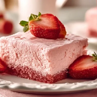 Delicious homemade Strawberry Sheet Cake topped with fresh strawberries.