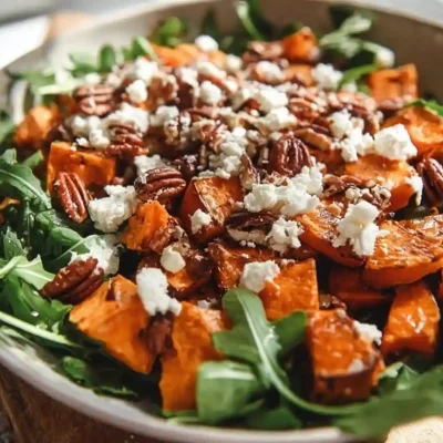 Bowl of sweet potato salad with feta cheese and fresh vegetables