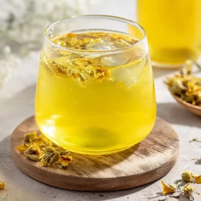 Cup of Thai Chrysanthemum Tea Flower Water with fresh flowers