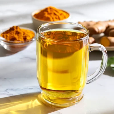Turmeric tea recipe served hot in a glass mug