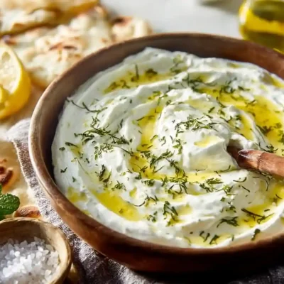 Homemade Tzatziki Sauce in a bowl with fresh vegetables and pita