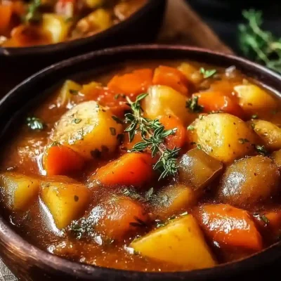 Bowl of Irish Vegetarian Stew filled with vegetables and herbs