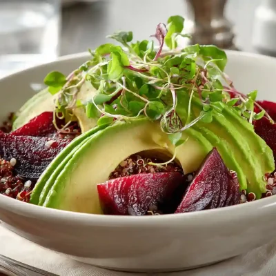 Vegetarian salad recipes featuring avocado, roasted beets and quinoa in a ceramic bowl