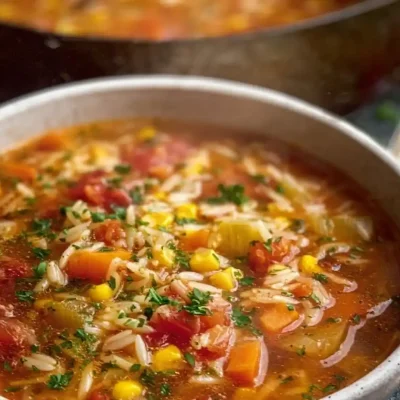 A steaming bowl of Veggie Loaded Soup garnished with parsley.