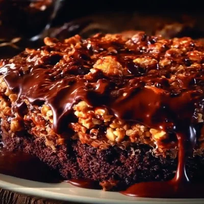 Slice of Viral Crunch Cake topped with colorful sprinkles and chocolate drizzle