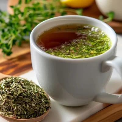 yerba mate tea in a white ceramic cup with loose leaves