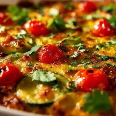 Delicious Tex-Mex Zucchini Bake topped with cheese and spices