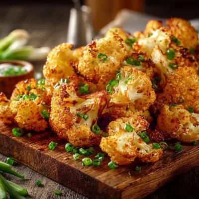 A plate of crispy air fried cauliflower wings garnished with herbs and spices.