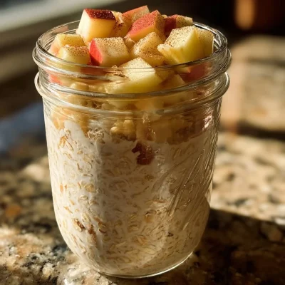 Bowl of cinnamon apple overnight oats topped with fresh apples and cinnamon