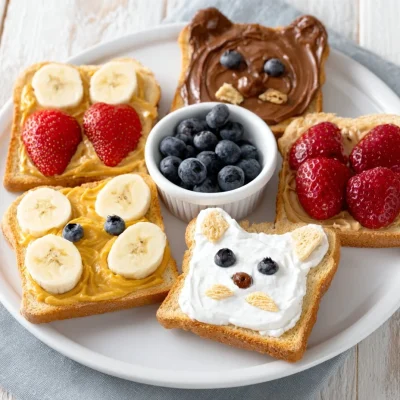 Colorful animal face toast designs for kids' meals.