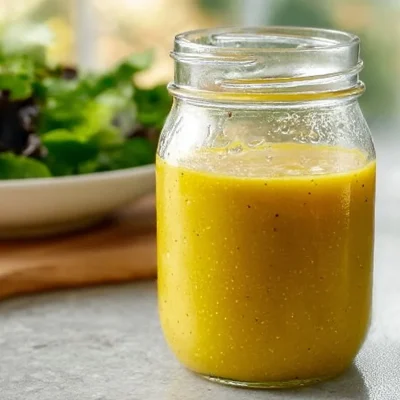 Homemade apple cider vinegar salad dressing in a glass jar with fresh ingredients.