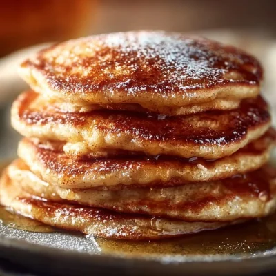 Fluffy apple cinnamon pancakes topped with syrup and fresh apples.