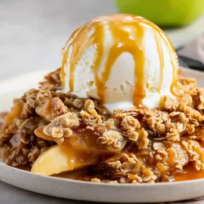 apple crisp recipe topped with vanilla ice cream and caramel drizzle