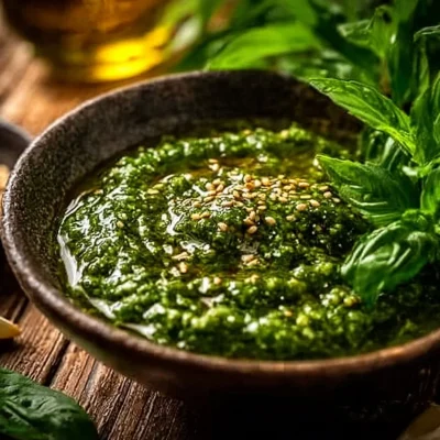 Bowl of Asian Basil Pesto made with fresh ingredients